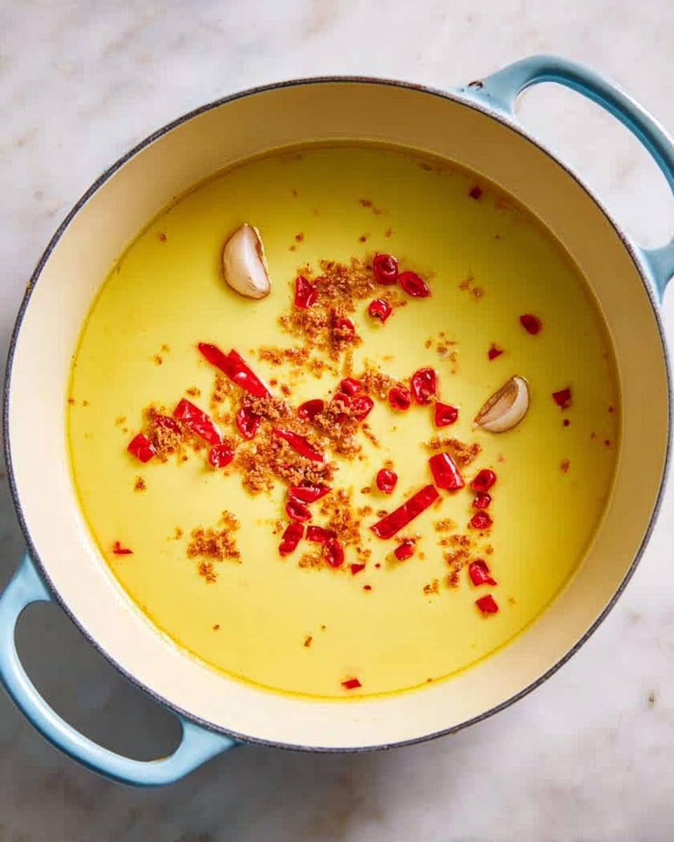 A round white pot with light blue handles contains a yellow liquid base that looks smooth and slightly thick. Floating on the surface are small bright red chili pieces and two whole garlic cloves, distributed unevenly. Some light brown fried bits add texture near the chili pieces. The pot is placed on a white marbled surface, and the photo taken with an iphone --ar 4:5 --v 7