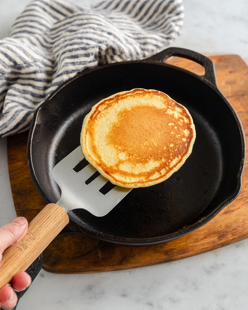 A single golden-brown pancake with a round shape and smooth, slightly spongy texture is being lifted from a black cast iron pan with a light gray spatula that has a wooden handle. The pancake shows an even browning with a slightly lighter edge, about one layer thick. The pan rests on a wooden board on a white marbled surface. A striped white and dark blue kitchen towel is partially visible in the background, and a woman's hand is holding the spatula. photo taken with an iphone --ar 4:5 --v 7