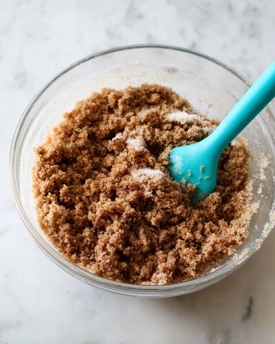 A clear glass bowl filled with a crumbly, light to medium brown mixture with a grainy texture. A teal silicone spatula is partially buried in the mixture, angled with the blade side facing up and slightly covered by the crumbs. The bowl sits on a white marbled surface. photo taken with an iphone --ar 4:5 --v 7