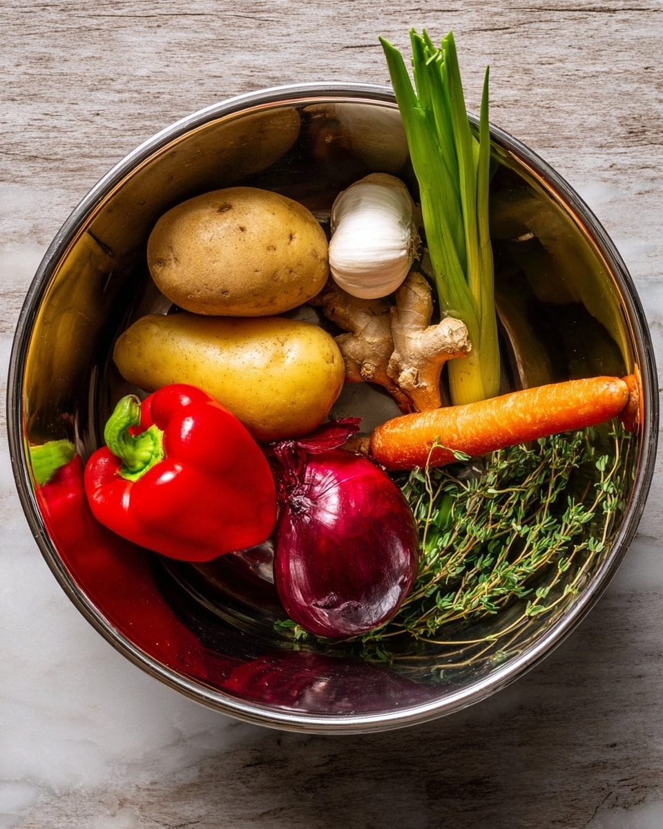 A shiny steel bowl holds a mix of fresh vegetables and herbs on a white marbled surface. Inside, there are two light brown potatoes with some sprouts, a white garlic bulb, a whole orange carrot, green spring onions standing tall, a bright red bell pepper, a small light green pepper, a thick purple onion slice showing its rings, a cluster of light brown ginger, and sprigs of fresh green thyme. The bowl’s reflective surface shows parts of the vegetables clearly. Photo taken with an iphone --ar 4:5 --v 7
