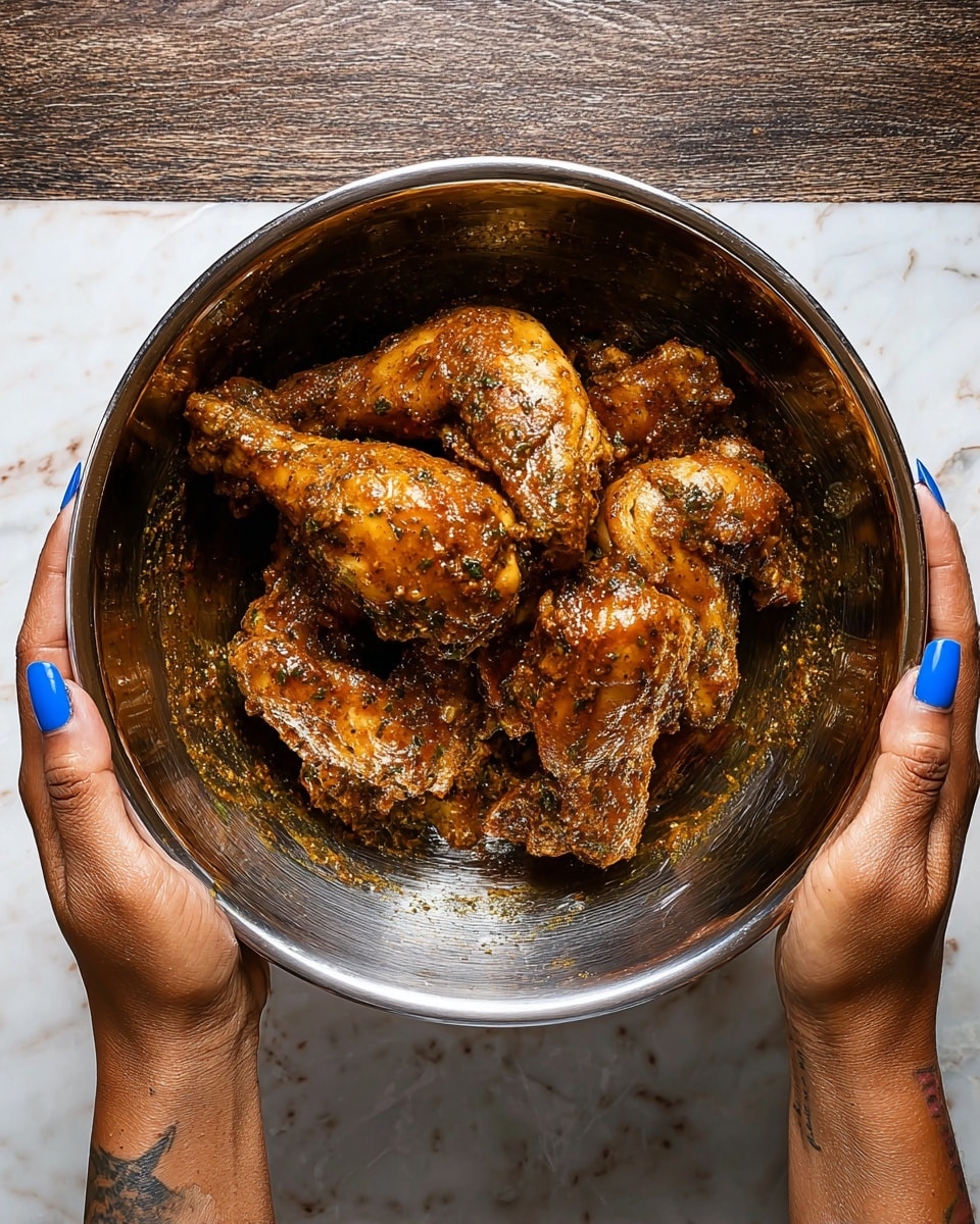 A shiny silver mixing bowl holds several dark brown chicken pieces coated in a thick, glossy spice mix with green herb specks. The chicken pieces are stacked unevenly inside the bowl, showing different textures from smooth skin to rough seasoning. Two woman's hands with bright blue nail polish and some tattoos hold the bowl from opposite sides. The bowl sits on a white marbled surface. photo taken with an iphone --ar 4:5 --v 7