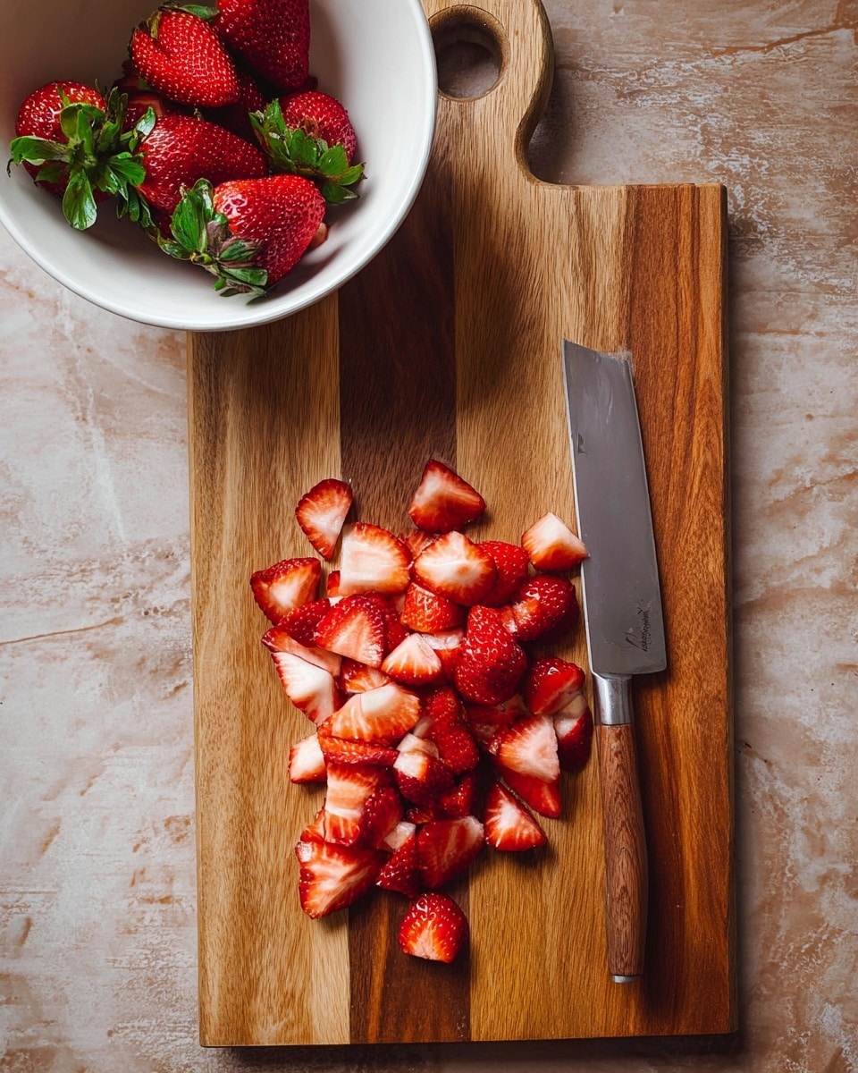 The image shows a wooden cutting board with a simple handle placed on a white marbled surface. On the board, there is a pile of fresh red strawberries, each sliced into halves and quarters, showing the white inner flesh and red outer skin. To the right of the strawberries lies a shiny kitchen knife with a wooden handle, aligned with the edge of the board. In the upper left corner, a white bowl contains a few whole and halved strawberries with green leaves still attached. The overall setting has warm tones and clear details. photo taken with an iphone --ar 4:5 --v 7
