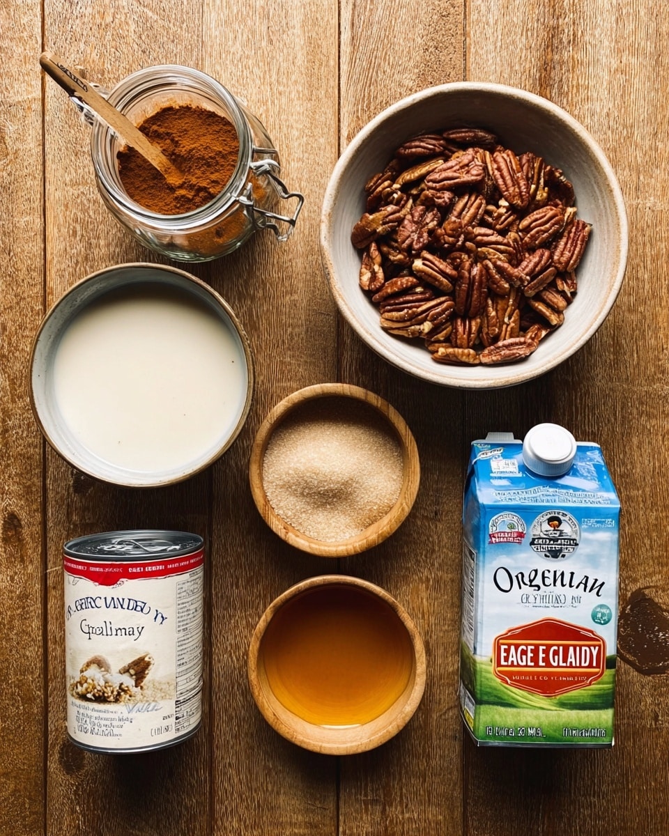 The image shows a white cast iron pan filled with a single layer of roasted pecans that are shiny and dark brown with slightly cracked shells, resting on a wooden surface. A black spatula with a wooden handle is inside the pan, holding some pecans near the right edge. Above the pan on the left side, there is a small orange bowl filled with whole pecans, and a few loose pecans are scattered on the wooden surface near the top right corner. The lighting highlights the glossy texture of the pecans and the matte surface of the pan. Photo taken with an iphone --ar 4:5 --v 7