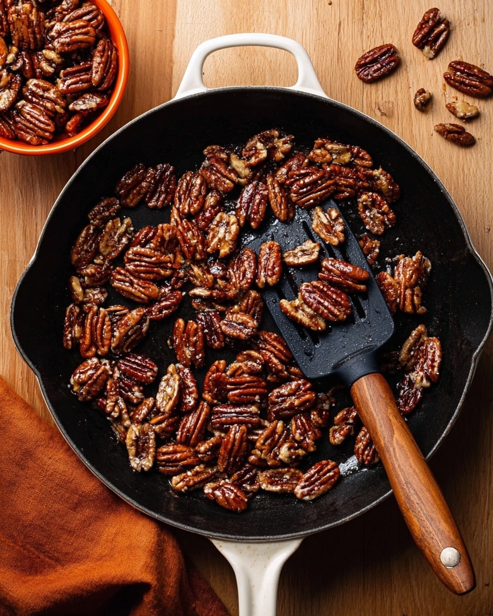 Three brown bowls filled with two scoops each of creamy, pale beige ice cream mixed with whole and chopped pecans, showing a thick texture with visible nut pieces throughout. The bowls are placed on a wooden textured surface scattered with whole pecans and small green herb sprigs. To the right, there is a white, fluted bowl full of whole pecans, and a silver spoon resting on a soft brown cloth is in the bottom right corner. The overall setup has a warm, rustic feel with a mix of smooth and crunchy textures. Photo taken with an iphone --ar 4:5 --v 7