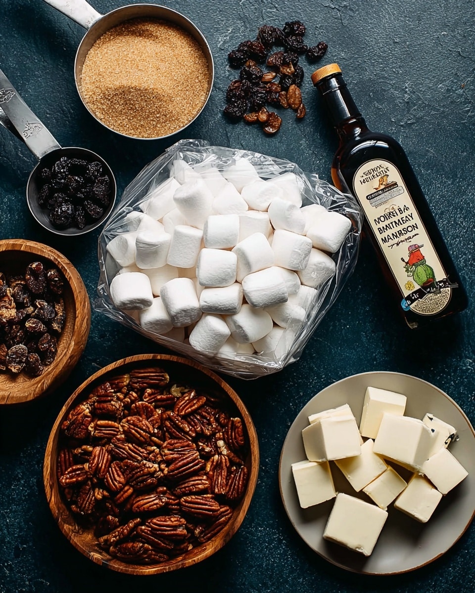 A clear bag of large white marshmallows sits near the center on a dark textured surface, surrounded by baking ingredients. To the left, a metal measuring cup filled with raw brown sugar and a small bowl of dark raisins are placed near the top. Below the marshmallows, a wooden bowl divided into two sections is filled with toasted brown pecans. On the right, a dark bottle of Madagascar bourbon vanilla extract stands upright, and in the bottom right corner, a white plate holds small cubes of white butter. The whole scene rests on a dark surface with a cozy, warm feel. photo taken with an iphone --ar 4:5 --v 7