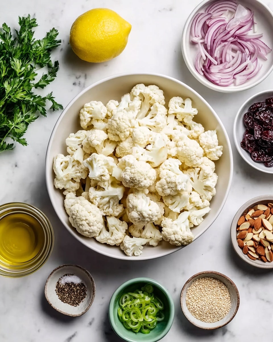 A top-down view of a white bowl filled with many white cauliflower florets, surrounded by small white bowls spread out on a white marbled surface. Around the cauliflower bowl, from left to right, there is a bunch of green parsley, a whole yellow lemon, a small white bowl with thin light purple shallot slices, a small white bowl with green thin sliced peppers, a small white bowl with dark red dried cherries, a small dark bowl of salt, a small green bowl with light brown slivered almonds, a small white bowl with brown cumin seeds, and a small white bowl with beige sesame seeds. In the lower-left corner, there are two clear glass cups, one with golden oil and one with dark red liquid. Photo taken with an iphone --ar 4:5 --v 7