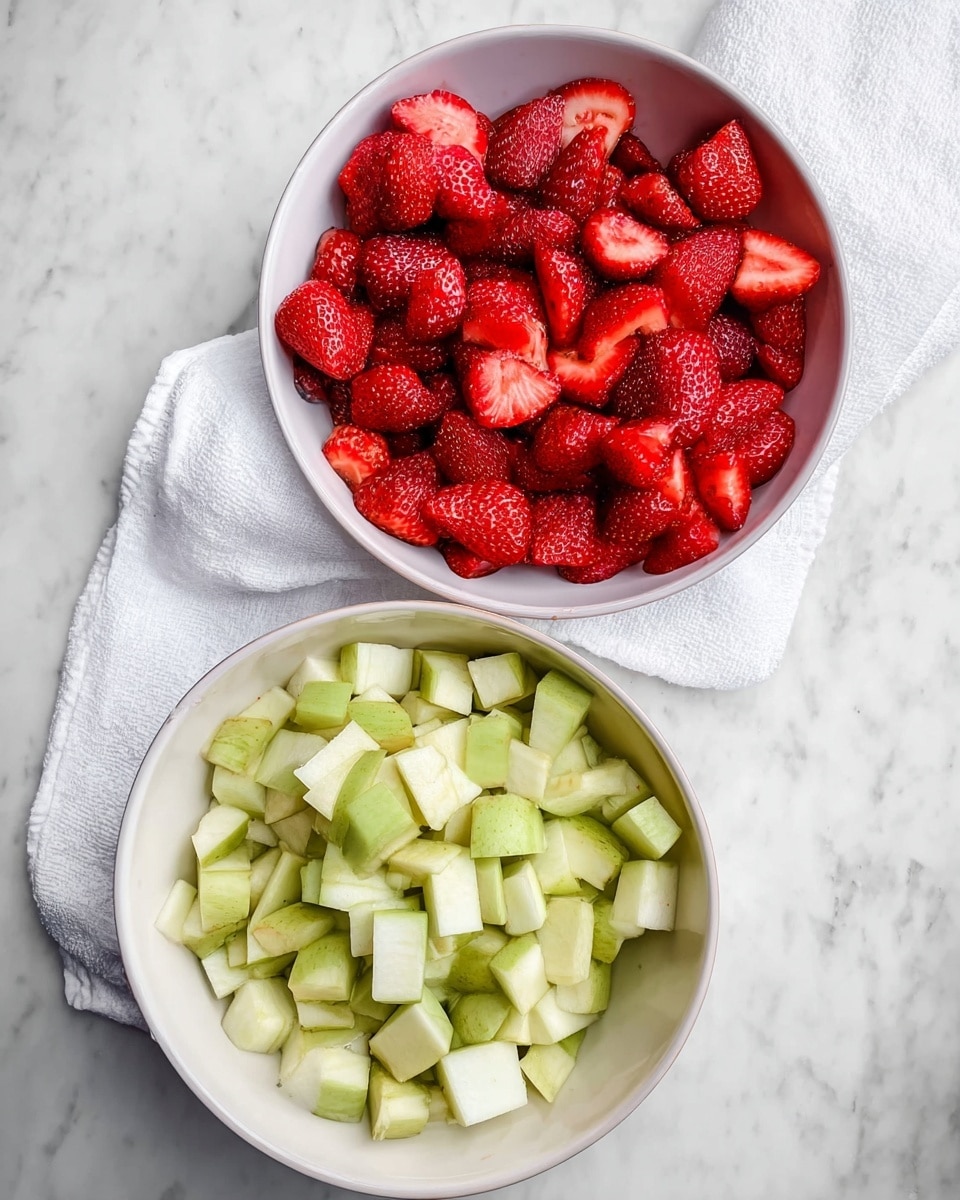Two bowls are placed on a white marbled surface with a white cloth nearby. The top bowl is white and filled with halved, bright red strawberries showing both the red skin and lighter red inside. The bottom bowl is white and filled with small pale green apple pieces, cut into cubes and chunks, showing a smooth texture. Both bowls are simple and round, with the fruit pieces layered evenly inside. Photo taken with an iphone --ar 4:5 --v 7