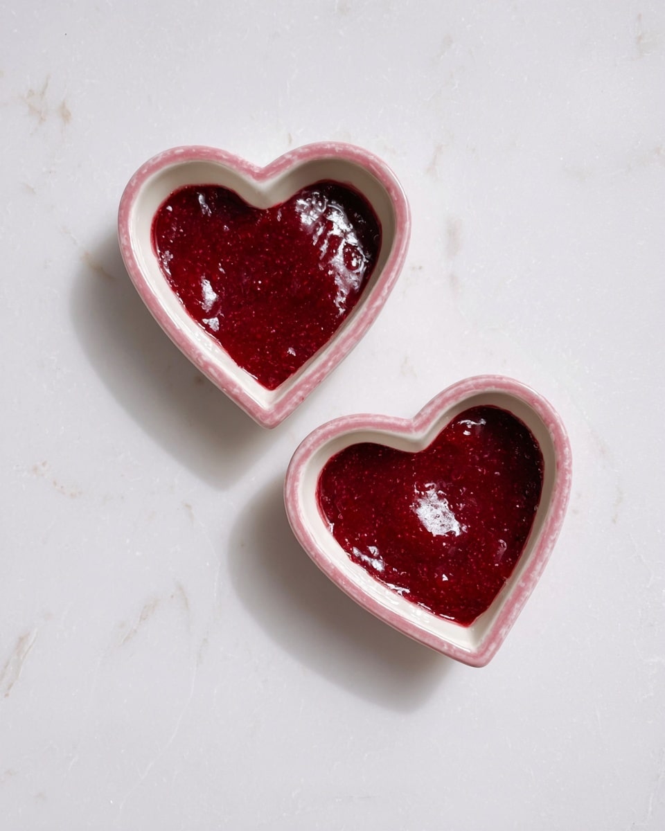 Two small heart-shaped white ceramic dishes with pink edges each filled with a glossy, deep red mixture that looks smooth with a few small lumps. The dishes are placed on a white marbled surface, slightly apart from each other, with light reflections creating shiny spots on the red mixture. The view is from above, showing the full shapes of the dishes and the rich texture of the contents photo taken with an iphone --ar 4:5 --v 7