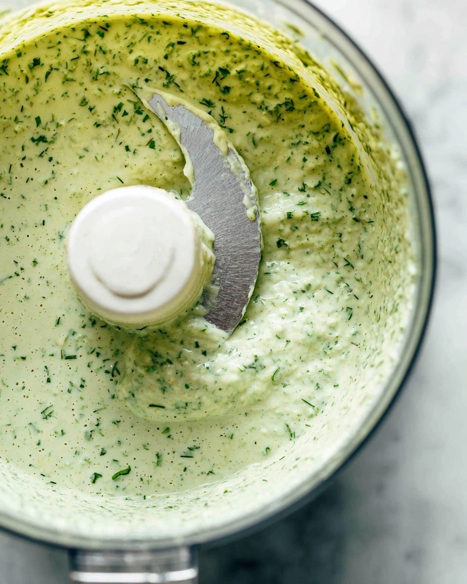 A close-up view of a food processor bowl filled with a creamy, light green sauce that has small pieces of green herbs mixed throughout. The sauce texture looks smooth with tiny air bubbles on the surface. Inside the bowl, a white blade is partially covered with the sauce, showing a mix of creamy and herb bits. The bowl itself is clear, placed on a white marbled surface. Photo taken with an iphone --ar 4:5 --v 7