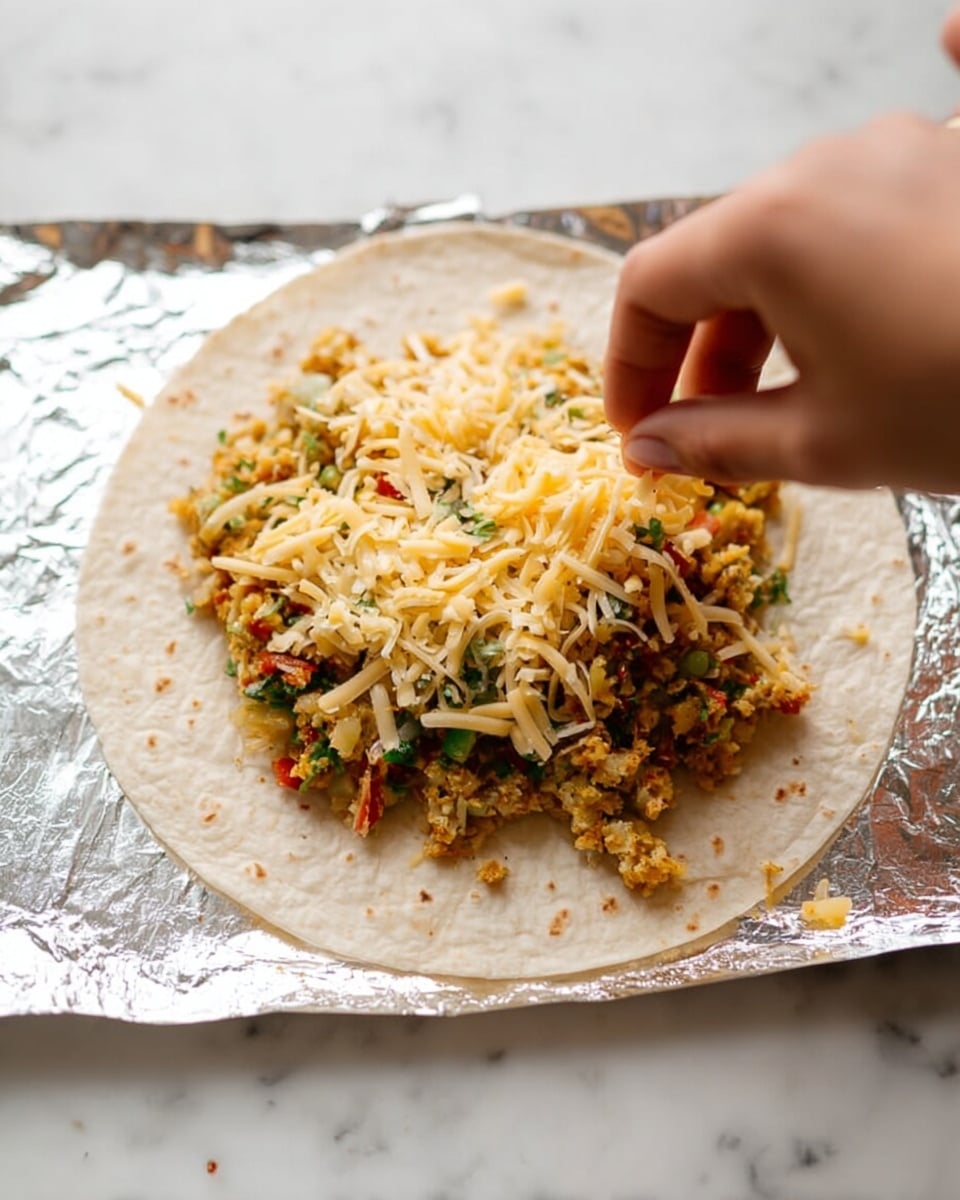 Two halves of a golden brown toasted wrap stacked on a white plate with ridged edges. The top half shows a close-up of melted yellow cheese stretching out along with a creamy white sauce dripping from its side. Inside the wrap, there is a mix of textured layers including light brown, slightly crispy bits, finely chopped green herbs, and small pieces of red vegetable. The white plate sits on a white marbled surface. photo taken with an iphone --ar 4:5 --v 7