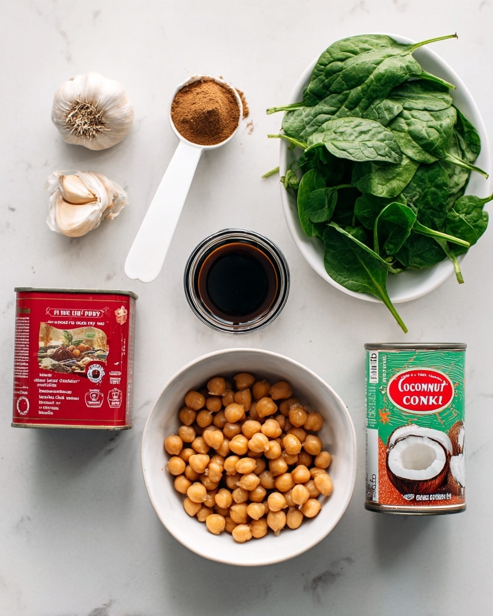 A close-up view of a creamy chickpea curry in a white pan, showing a thick orange-yellow sauce mixed with whole round chickpeas and bits of dark green leafy vegetables spread throughout. A light wooden spoon coated in the sauce is resting inside the pan, partially scooping the curry. The pan sits on a white marbled surface, highlighting the rich, smooth texture and colors of the dish. photo taken with an iphone --ar 4:5 --v 7