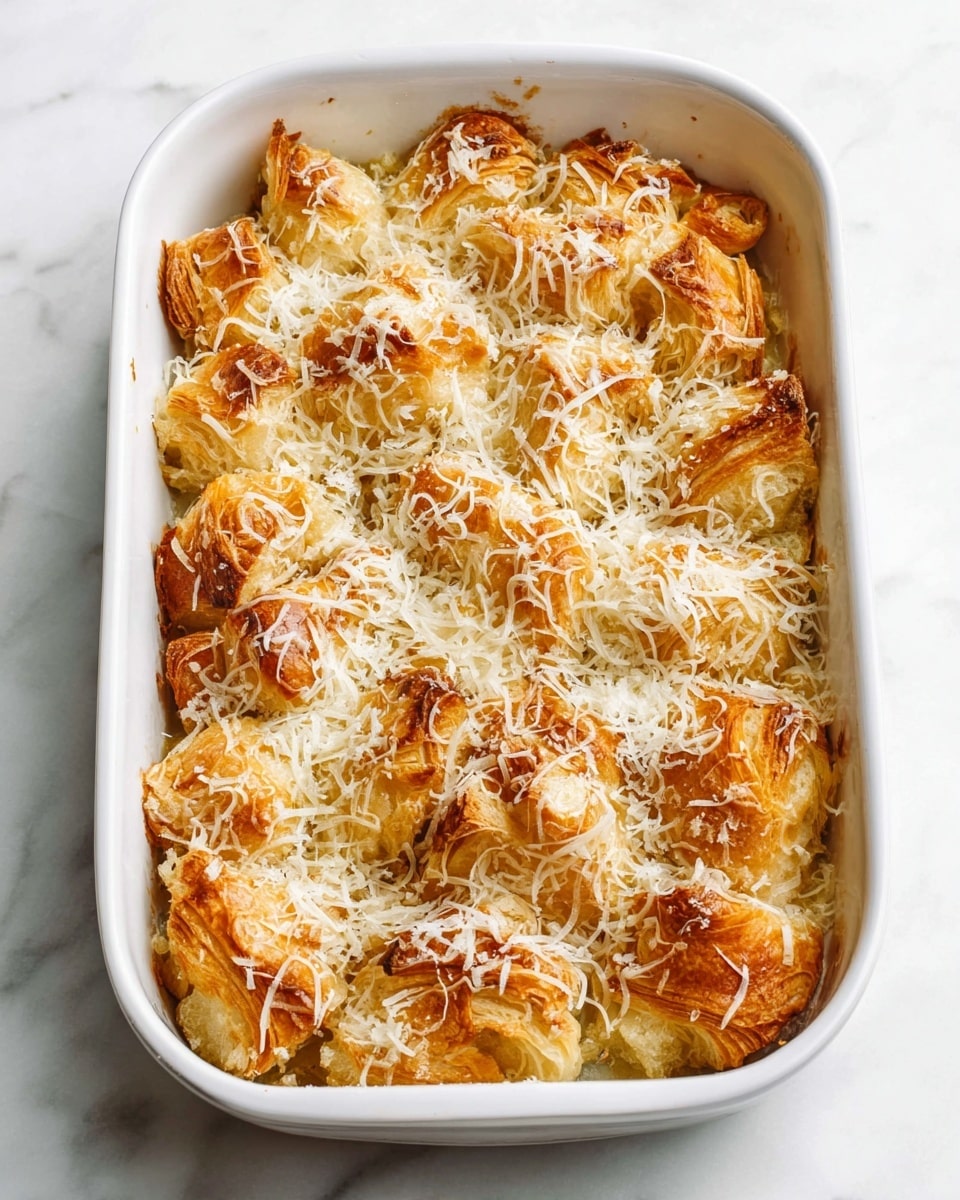A white rectangular dish filled with a layer of torn light golden-brown croissant pieces that look flaky and soft. On top of the croissants, there is a generous sprinkling of fine white shredded cheese that covers the pieces evenly. The dish sits on a white marbled surface, with the croissants showing some edges that are more toasted and darker golden. The overall texture looks light, flaky, and cheesy, with soft layers of bread beneath the cheese. photo taken with an iphone --ar 4:5 --v 7