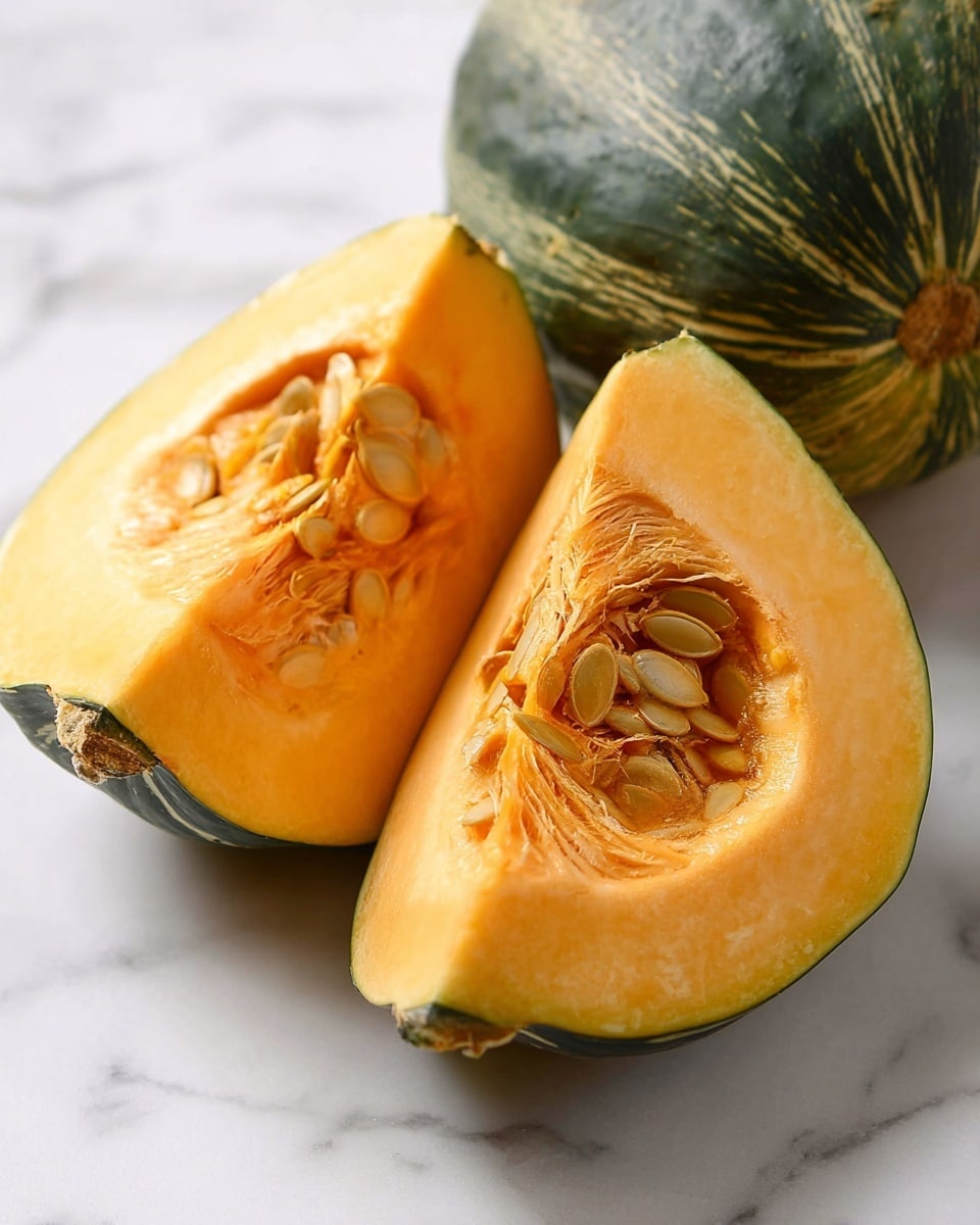 The image shows a sliced squash with two pieces cut open, revealing orange flesh and many seeds in the middle. The outer skin is dark green with some light stripes, while the inside flesh is pale yellow near the skin and turns to bright orange closer to the seed area. The seeds are clustered in the middle with fibrous strings holding them together. The squash is resting on a white marbled surface, and part of another whole squash is visible in the background. photo taken with an iphone --ar 4:5 --v 7