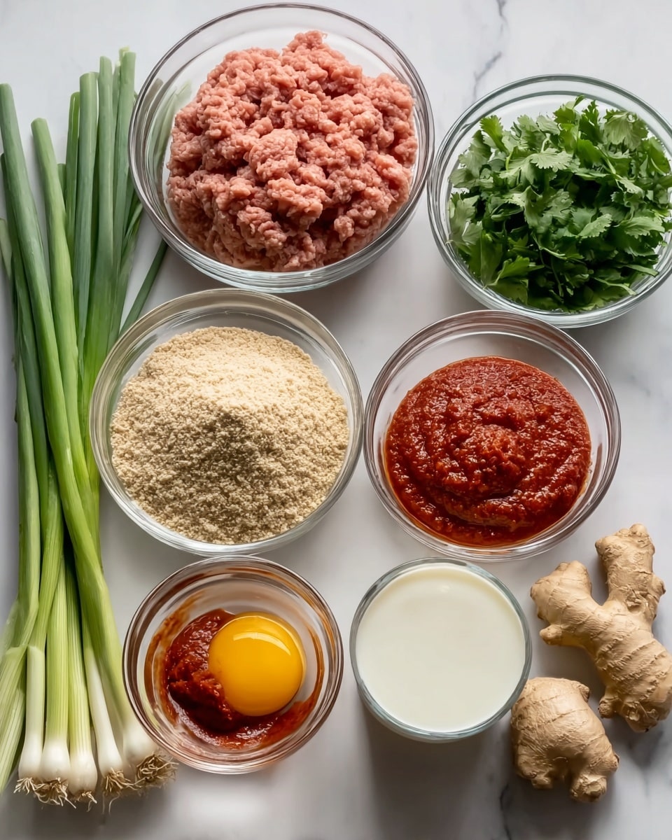 The image shows seven glass bowls arranged on a white marbled surface. The largest bowl in the back left holds light pink ground meat with a soft texture. To its right, another large bowl is filled with bright green fresh herbs. In front of these, on the left, a medium bowl contains a mound of finely ground beige breadcrumbs. Next to it, a smaller bowl is filled with a thick, chunky red sauce with oil around it. In the center front, a small round bowl holds a raw egg with a bright yellow yolk surrounded by transparent egg white. To the right, a short glass cup is filled with creamy white milk. Long green spring onions rest horizontally between the bowls, and two pieces of fresh light brown ginger sit near the back right corner. Photo taken with an iphone --ar 4:5 --v 7
