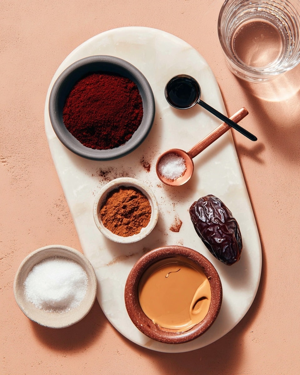 A white oval plate on a white marbled surface holds several ingredients arranged neatly: in the center, a small dark gray bowl filled with deep reddish-brown powder; above it, a black spoon with coarse white salt; next to the salt spoon, a small copper-colored measuring spoon with dark liquid; to the right side of the plate, a glossy dark brown date; below the plate on the left, two small white bowls—one filled with white granulated sugar and the other with a fine brown powder held in a small white spoon resting on the plate’s edge. A round earthenware bowl near the bottom right corner on the plate contains a light brown creamy liquid, with a small drip on its rim. A glass of water stands on the right edge of the image, all set on a soft pink background. photo taken with an iphone --ar 4:5 --v 7