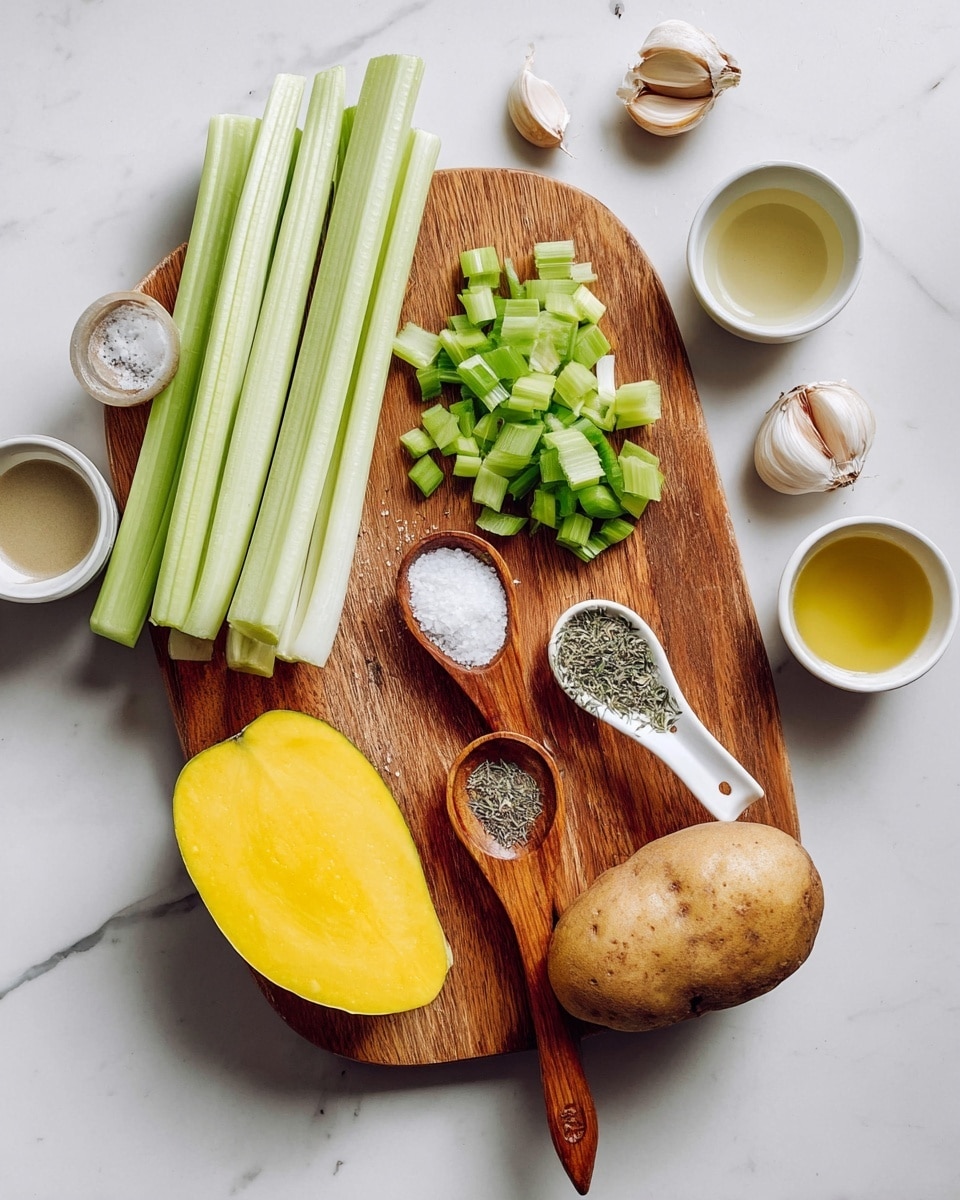 A wooden cutting board sits on a white marbled surface with several fresh ingredients arranged neatly: three long pale green celery stalks placed diagonally, chopped green celery pieces in a small pile near the top right, three whole garlic cloves beside them, a whole potato with light brown skin at the bottom right, and a halved mango with bright yellow flesh on the left side of the board. Three wooden spoons rest on the board, two filled with coarse white salt and black pepper, and one white ceramic spoon holding dried green herbs. Around the board, small white bowls contain various liquids, including a clear and a yellow one. The scene is bright and clean. Photo taken with an iphone --ar 4:5 --v 7
