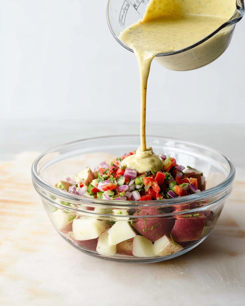 A clear glass bowl holds a mixed salad with roughly eight thick chunks of red-skinned potatoes covered in a creamy light green dressing, creating a thick texture with visible herbs. On the top right part of the bowl, there is a colorful layer of small diced vegetables including bright red tomatoes, light green cucumbers, purple onions, and fresh green parsley, adding a fresh and crunchy feel. A wooden spoon with an orange silicone tip is resting inside the bowl, partly covered in the dressing. The bowl sits on a white marbled surface. photo taken with an iphone --ar 4:5 --v 7