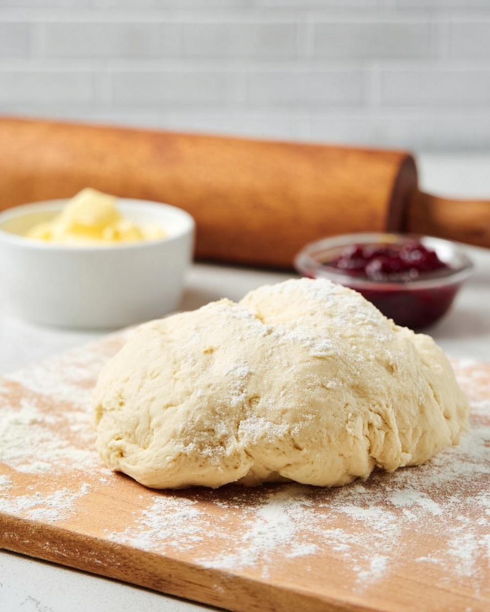 A close-up of a thick lump of dough resting on a wooden board dusted with white flour, showing a slightly rough texture and soft folds. Behind the dough, there is a large wooden rolling pin, also dusted lightly with flour, and two small white bowls: one with pale yellow butter and the other with a deep red jam, both placed on a white marbled surface. The background has a soft light gray brick wall, adding a warm kitchen feel to the scene. photo taken with an iphone --ar 4:5 --v 7