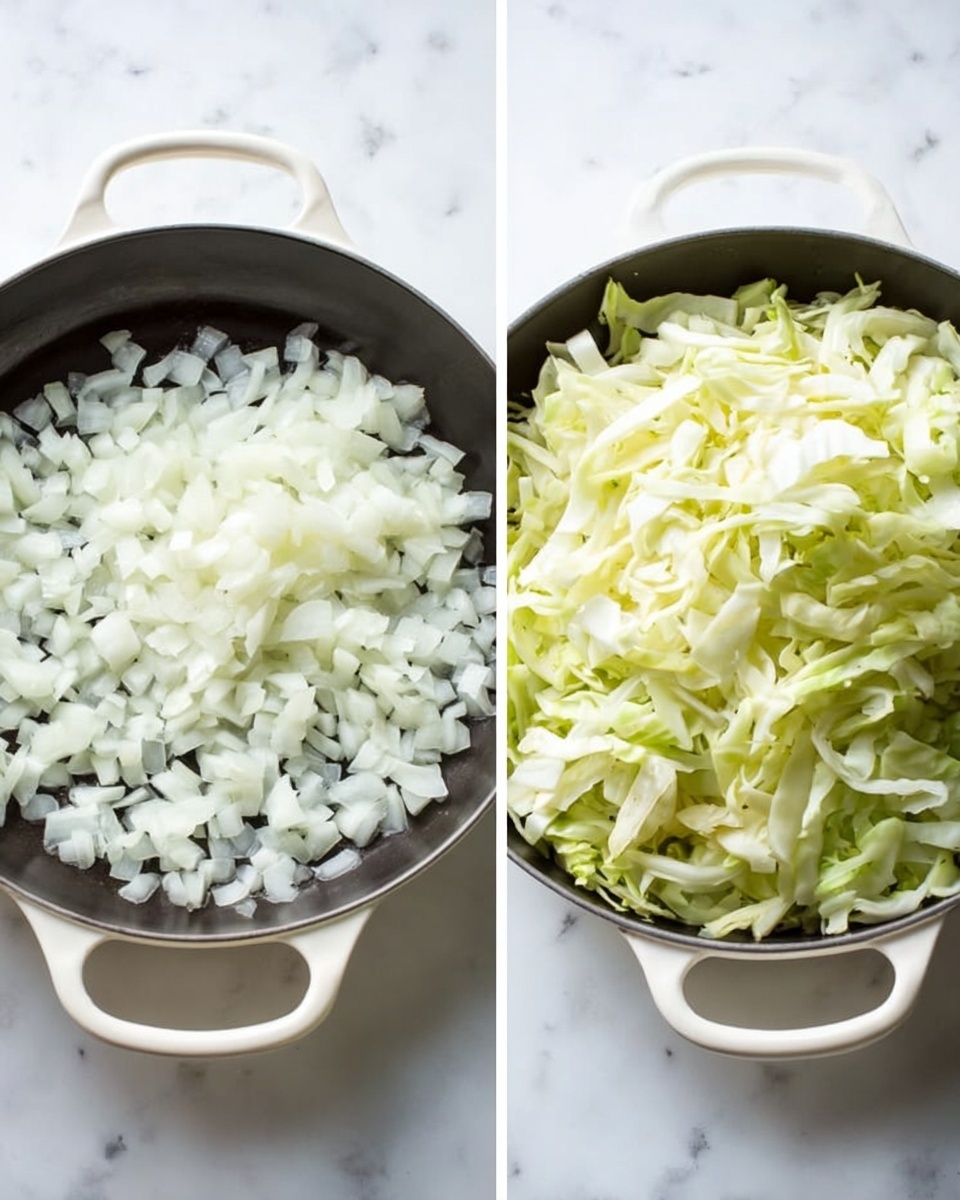 The image shows two white cast iron pans with handles on a white marbled surface. The pan on the left holds a single layer of small diced white onions that fill the center, their slightly translucent texture showing they are beginning to cook. The pan on the right is filled with shredded pale green cabbage layered thickly, almost overflowing, with thin strips arranged loosely on top. Both pans highlight the simple fresh ingredients, with light reflecting softly off the white marbled background photo taken with an iphone --ar 4:5 --v 7