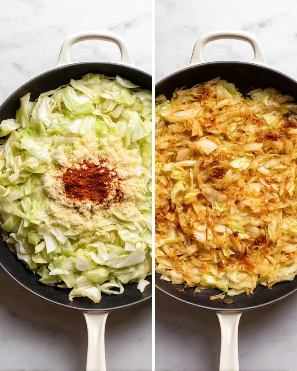 The image shows a close-up of cooked cabbage in a white bowl, with pieces that look soft and slightly oily. The cabbage pieces are varied in size and shape, in shades of yellow and light brown with some slight caramelized edges. The texture looks tender and slightly shiny, with hints of seasoning and small bits of onion mixed throughout. The bowl is on a white marbled surface. photo taken with an iphone --ar 4:5 --v 7