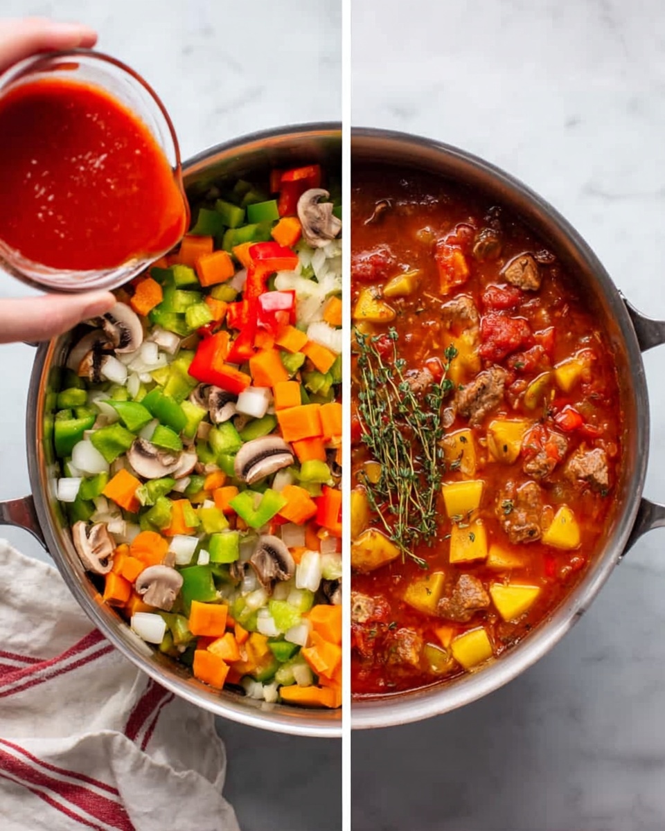 A white shallow bowl holds a hearty stew with about three layers of visible ingredients: chunky pieces of brown meat, large cubes of yellow potato, thick rounds of orange carrot, and small whole onions, all mixed in a rich red-orange broth. A small sprig of green thyme lays on top as garnish. A silver spoon rests inside the bowl on the right side. Next to the bowl, there are two thick slices of light brown crusty bread placed on a white cloth with red stripes. The setting is on a white marbled surface. Photo taken with an iphone --ar 4:5 --v 7