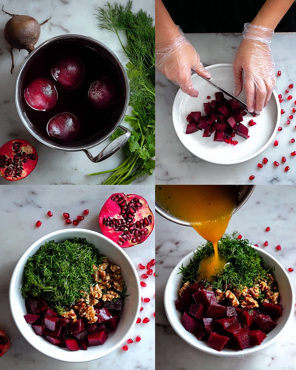 The image shows a white bowl with a blue rim filled with a colorful salad. The salad has three main layers: deep red chopped beets as the base, bright red pomegranate seeds scattered throughout, and small pieces of light brown walnuts mixed evenly. On top of the salad, there are fresh green dill leaves spread everywhere, adding a touch of brightness. A decorative silver spoon rests inside the bowl on the right side. Around the bowl, on a dark textured surface, are whole walnuts, garlic cloves, parsley leaves on the left, and a partially cut pomegranate on the top right. A dark gray cloth is placed on the bottom right next to the bowl. photo taken with an iphone --ar 4:5 --v 7