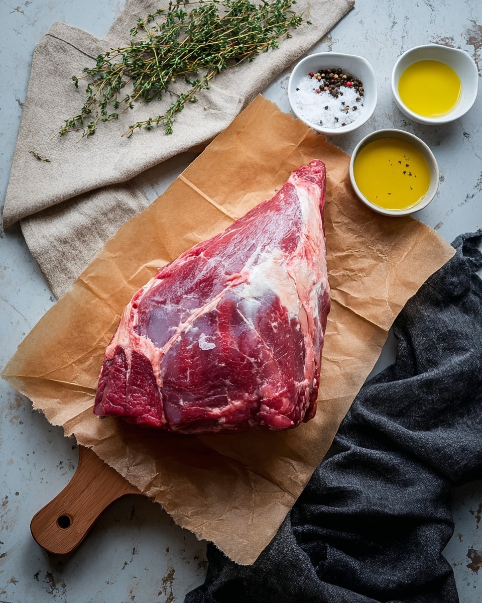 A large raw piece of red meat with white fat patches lies on crumpled brown paper that is placed on a wooden cutting board. Above the board, three small white bowls hold coarse salt, cracked black pepper, and yellow oil. To the top left, fresh green thyme sprigs rest on a beige cloth. A dark gray wrinkled cloth is to the right bottom corner, all set on a white marbled textured surface. photo taken with an iphone --ar 4:5 --v 7