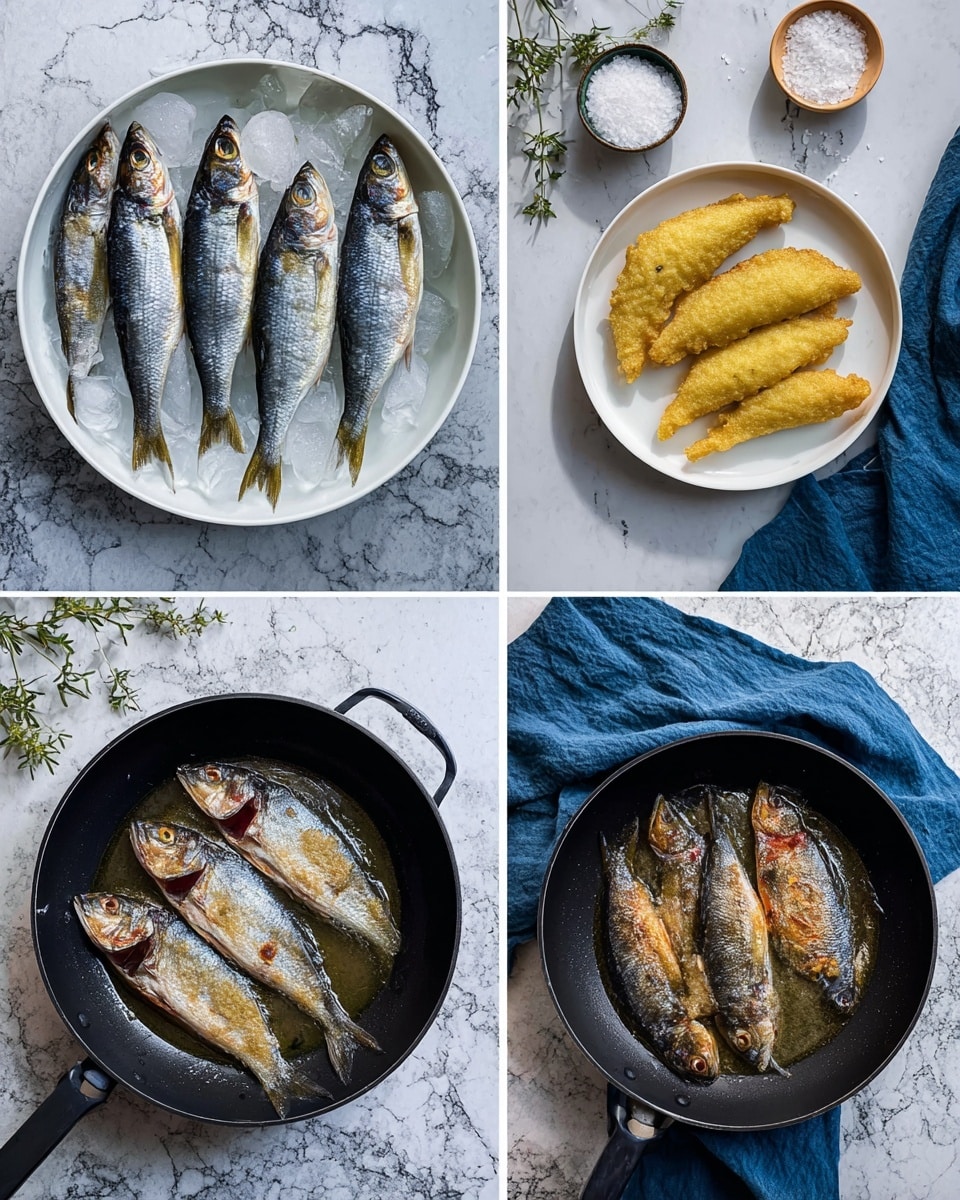 A white plate sits on a white marbled surface, holding five whole cooked fish arranged horizontally, each fish golden brown with a crispy texture and sprinkled with green herbs. To the left of the fish are two lemon wedges with bright yellow flesh, and below them is a bunch of fresh green parsley with large leaves. On the right side of the plate is a colorful salad made of shredded orange carrots, pale green and white cabbage, and thin slices of red onion, topped with sprinkled green herbs. Near the bottom right of the plate are three white, peeled garlic cloves. In the top right corner on the surface, there are pieces of torn bread with a soft, light brown crust. A crumpled dark blue cloth is near the bottom right of the image. The photo was taken with an iphone --ar 4:5 --v 7