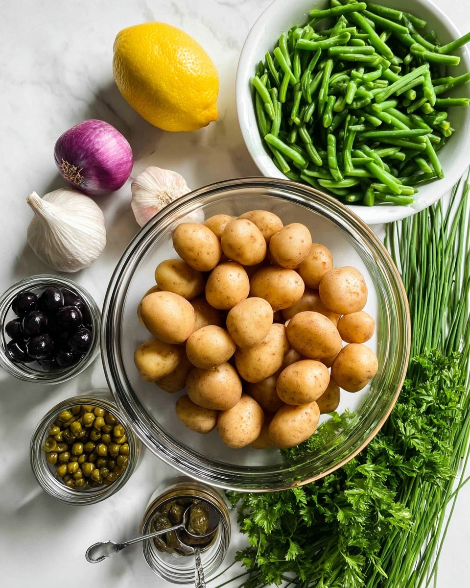 A clear glass bowl is filled with many small, light brown potatoes with a smooth texture, placed in the lower center of the image on a white marbled surface. To the upper right, a white bowl is filled with bright green chopped beans. Around these, there is a bunch of fresh green parsley with a slightly rough leaf texture on the bottom right side and a bundle of long, thin chives above it. On the top left side, there is a whole light purple garlic bulb and a bright yellow lemon. Next to the lemon, a clear glass jar filled with black olives sits open, and in front of it, a smaller jar with green capers and a metal spoon inside. The overall scene is bright with clear natural light, showing the fresh ingredients neatly arranged. photo taken with an iphone --ar 4:5 --v 7