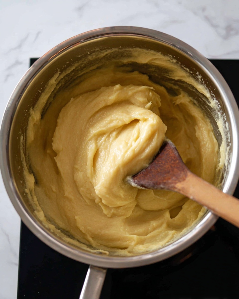 A close-up view of a shiny metal pot filled with a thick, creamy pale yellow mixture. The mixture has a smooth, slightly textured surface with some folds and swirls, showing it was just stirred. A wooden spoon with a brown handle is partially submerged on the right side, lifting some of the mixture. The pot is sitting on a black stovetop with part of the burner visible. The background is a white marbled texture. photo taken with an iphone --ar 4:5 --v 7