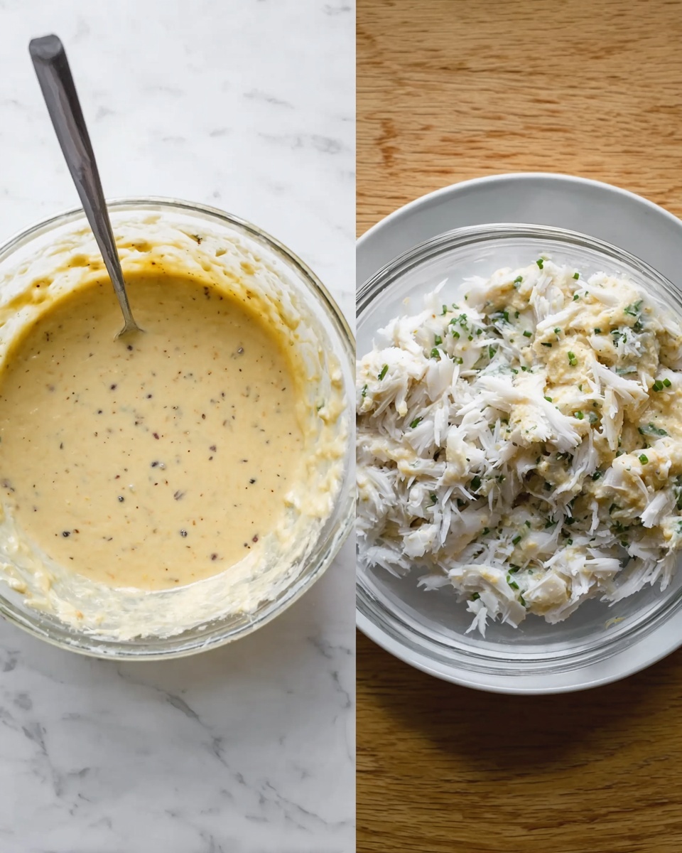 The image shows two side-by-side close-up views of food preparation on a white marbled surface. On the left, a clear glass bowl holds a smooth pale yellow batter with small black specks, stirred slightly by a metal spoon inside. On the right, there is a clear glass bowl filled with a chunky mixture of creamy batter and green herbs, with a spoon resting inside. Next to it is a white plate piled high with white shredded pieces of cooked fish. Photo taken with an iphone --ar 4:5 --v 7
