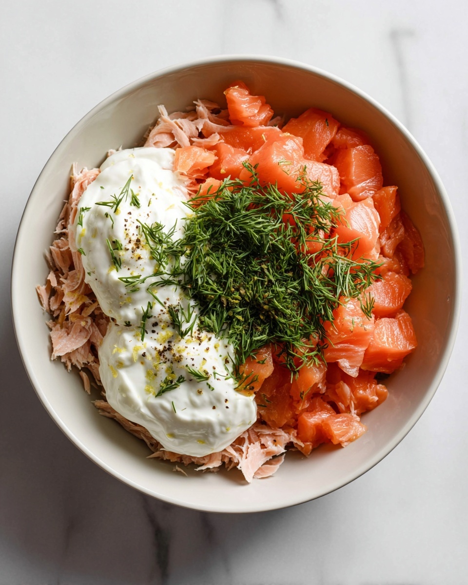 A white bowl filled with a creamy pink and white mixture that has small chunks and a soft, mixed texture. It is topped with small green dill sprigs and scattered red peppercorns, adding color contrast. The bowl is placed on a white marbled surface next to a white bowl holding slices of brown bread and breadsticks. Fresh green dill lies beside the main bowl. The scene looks natural and inviting, showing fresh and simple ingredients. photo taken with an iphone --ar 4:5 --v 7