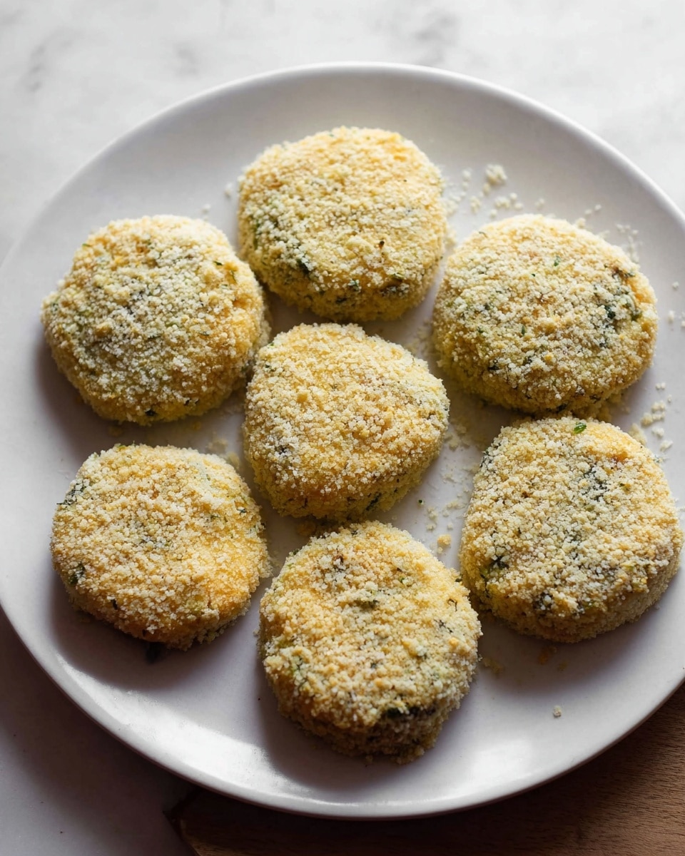 There are nine round patties on a large white plate, each about the size of a cookie. The patties have a crumbly coating that looks pale yellow and light green, giving a rough texture all over. The patties are thick and soft in shape, lying flat on the plate in no perfect order. The plate is set on a white marbled surface with soft, natural light highlighting the crumb details on top and sides of the patties. photo taken with an iphone --ar 4:5 --v 7