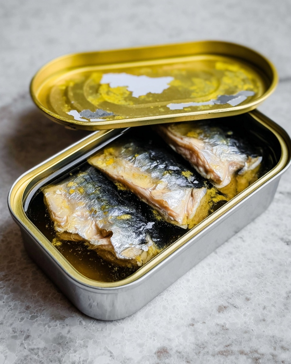 The image shows an opened silver metal tin containing three fish pieces packed in dark brown oil or sauce. The fish layers are silvery with darker brown and black patches, lying flat and side by side inside the container. The lid is partially peeled back, showing a shiny yellow underside with some white residue. The tins sit on a white marbled surface. photo taken with an iphone --ar 4:5 --v 7
