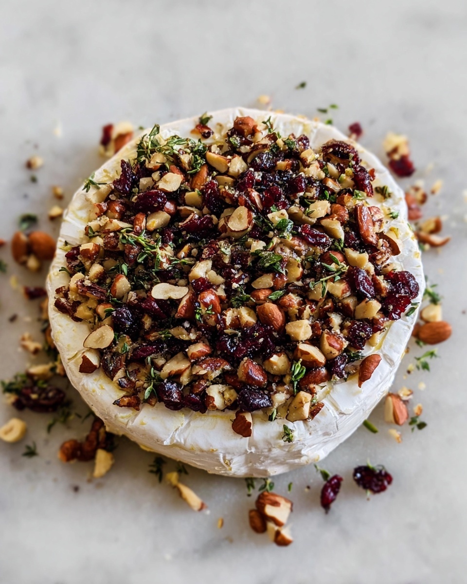 A round wheel of soft white cheese sits in the center on a white marbled surface. The cheese is topped with a thick layer of mixed chopped nuts including almonds and hazelnuts, along with dark red dried cranberries scattered evenly. Small green herb sprigs, likely thyme, are sprinkled over the nuts and berries, adding a fresh touch. The cheese edges show the soft creamy texture beneath the topping, with a few bits of nuts and herbs fallen around the base. The overall image has warm natural lighting and a clean, minimal feel. photo taken with an iphone --ar 4:5 --v 7