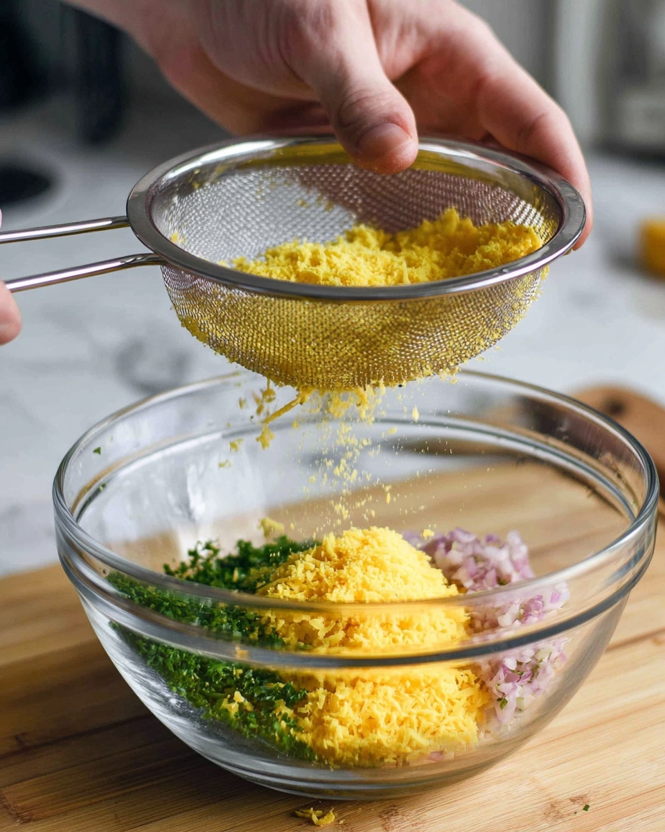 A close-up image shows a woman's hand holding a metal mesh strainer filled with bright yellow grated cheese, shaking it over a clear glass bowl below. Inside the bowl, there are three visible layers: finely chopped green herbs on the left, finely chopped pinkish shallots on the front right, and a mound of yellow grated cheese in the center. The scene is set on a wooden surface with a blurred kitchen background and a white marbled texture. Photo taken with an iphone --ar 4:5 --v 7