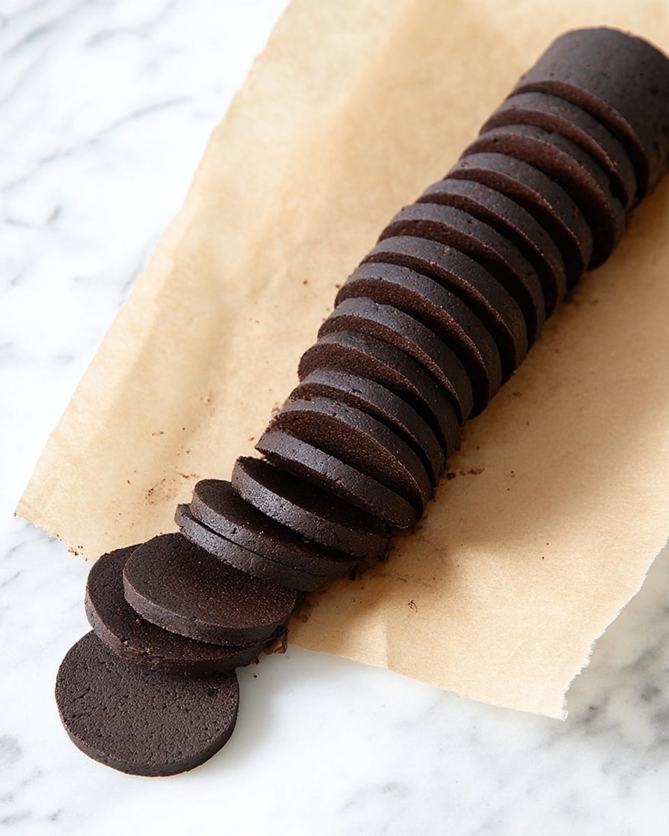 A long, dark brown log of what appears to be a dough or dense mixture is sliced into thin, even rounds, all neatly lined up on a piece of light brown parchment paper that sits on a white marbled surface. The slices have a smooth, slightly textured surface, and the log is slightly tilted, with the slices spreading out from the bottom to the top. Photo taken with an iphone --ar 4:5 --v 7
