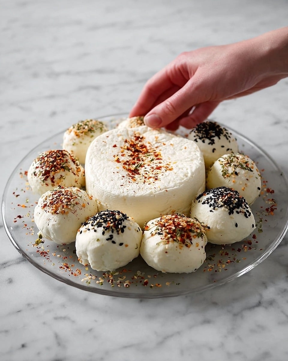 A round white plate holds a ring of soft, golden bread rolls connected together, some topped with black seeds and others with red spices. Inside the ring is a creamy white dip sprinkled with chopped green onions and cracked black pepper. Around the plate are two red and white striped cloths softly draped, and a small white bowl filled with more chopped green onions sits nearby. The surface beneath is a white marbled texture. photo taken with an iphone --ar 4:5 --v 7