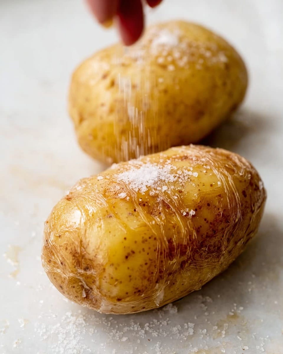 The dish shows one baked potato split open on a white plate with crispy brown skin and soft, fluffy inside. On top and around the potato are several dark brown, cooked pieces of cubed meat covered with a creamy light brown sauce that has darker spices mixed in. Small green herb bits are sprinkled over the sauce and meat, adding color contrast. The plate sits on a white marbled surface, and a gold fork is visible in the top right corner. Photo taken with an iphone --ar 4:5 --v 7