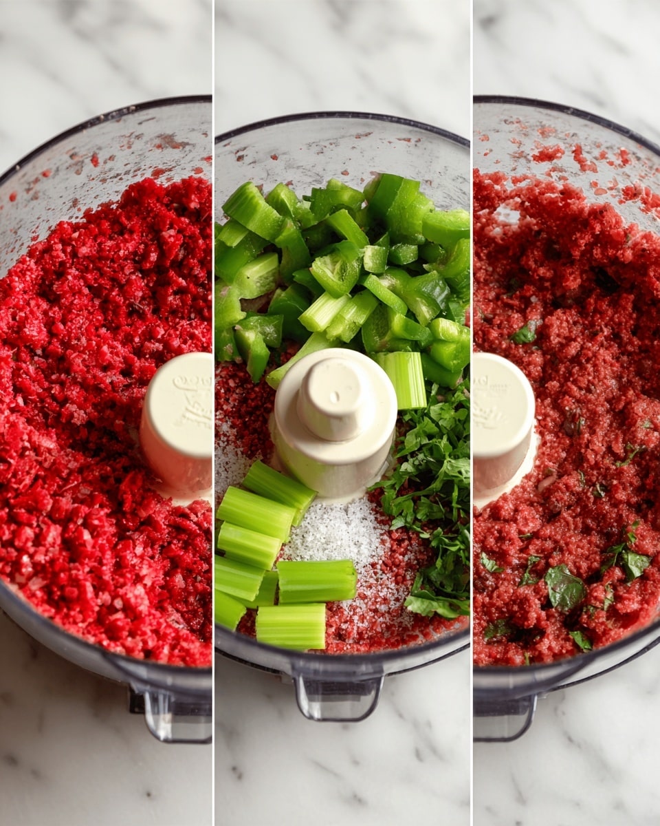 A white bowl holds a two-layer dish with a thick base of smooth, creamy white spread, almost whipped in texture, forming the bottom layer. On top, there is a bright red chunky mixture that looks like crushed berries mixed with fine herbs, spreading unevenly and slightly dripping onto the creamy layer underneath. The white marbled surface under the bowl adds a clean contrast to the dish. Photo taken with an iphone --ar 4:5 --v 7