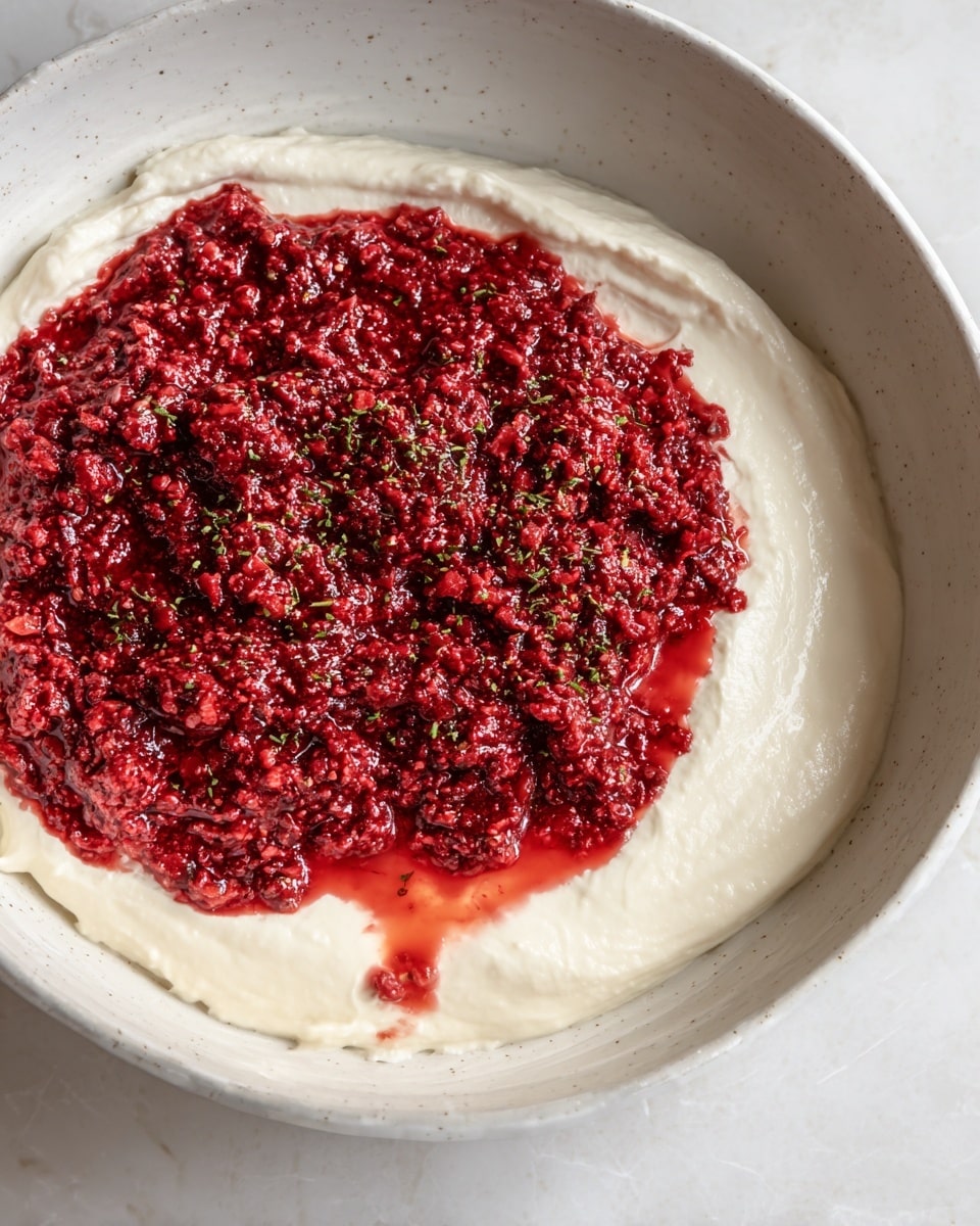 A close-up image showing a woman's hand holding a light brown rectangular cracker topped with two visible layers: a bottom layer of smooth white cream cheese and a thick top layer of coarse, bright red raspberry jam mixed with small bits of raspberry seeds and herbs. Below the cracker, in a round white bowl, more of the same cream cheese and raspberry jam layered unevenly can be seen, with the jam forming a thick red topping over the white base. The background surface has a white marbled texture. photo taken with an iphone --ar 4:5 --v 7