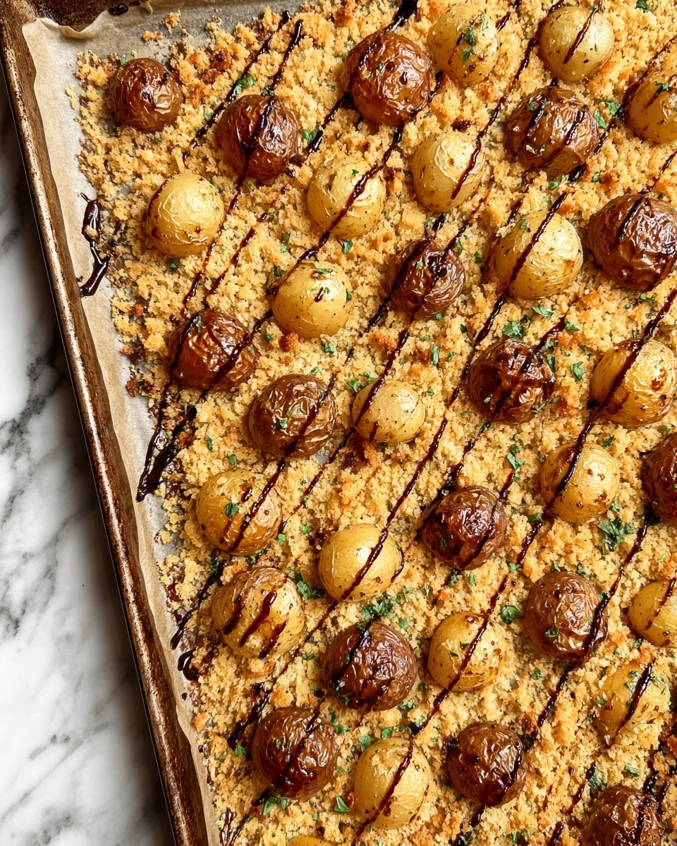 This image shows a baking tray lined with parchment paper, filled with a layer of golden, crunchy-looking bread crumbs topped with evenly spaced, small roasted potatoes in mixed brown and light tan colors. The potatoes have wrinkled skins and rest on the crispy crumbs, which have small bits of green herbs scattered throughout. There are dark brown drizzles of sauce spread diagonally across the tray, adding a glossy contrast to the dry texture of the crumbs and the matte, roasted skin of the potatoes. The tray sits on a white marbled surface. photo taken with an iphone --ar 4:5 --v 7