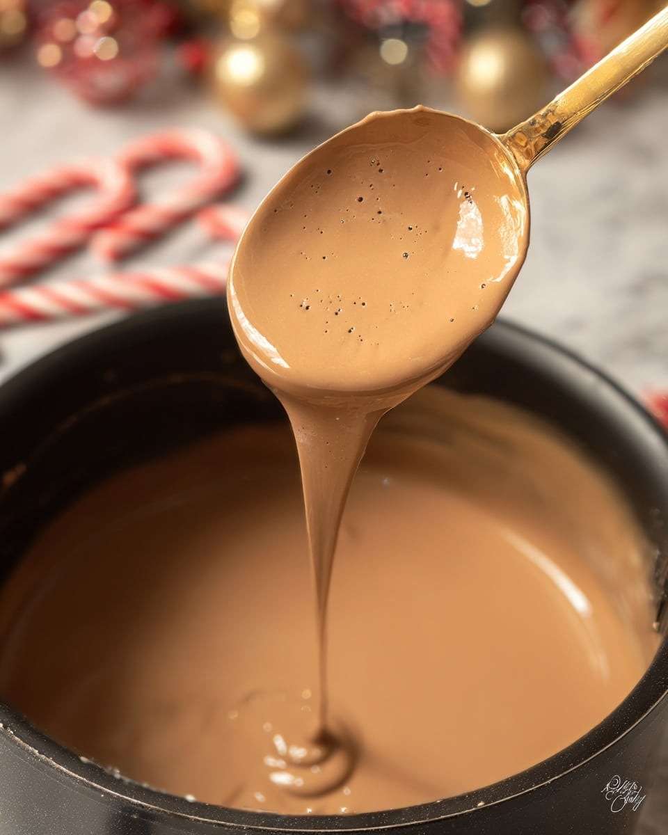 A close-up image of a gold ladle lifting smooth, creamy light brown chocolate sauce from a shiny black pot. The sauce drips slowly back into the pot, showing its thick, silky texture with small bubbles and tiny black flecks. The background features soft, warm tones with blurred candy canes and holiday decorations, and the surface beneath the pot is a white marbled texture. photo taken with an iphone --ar 4:5 --v 7
