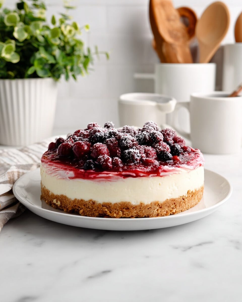A slice of berry cheesecake sits on a white plate with a white marbled background. The dessert has three visible layers: a thick golden brown crumbly crust at the bottom, a thick creamy white cheese layer in the middle, and a thinner pinkish-red berry layer on top. Fresh red and purple sugared berries cover the top, with a few berries scattered on the plate. A woman's hand holds a fork with a small bite of the cheesecake on the left side of the image. The whole cheesecake is blurred in the background on another white plate. photo taken with an iphone --ar 4:5 --v 7