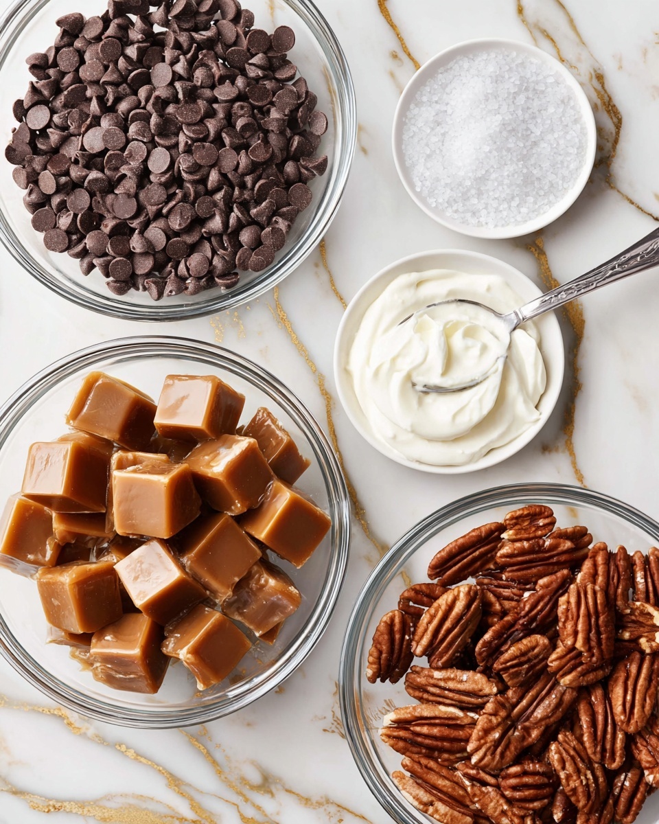 The image shows four clear glass bowls and two small white plates on a white marbled surface with gold streaks. The top left bowl is filled with many dark brown chocolate chips, their smooth, slightly shiny texture packed tightly. The top right small plate holds coarse white salt with a shiny silver spoon resting on it, the salt crystals looking rough and bright. Below that, a large glass bowl with light to medium brown caramel cubes sits, the cubes smooth and shiny with sharp edges. At the bottom of the frame, another large glass bowl contains whole pecan nuts showing rich brown textures with visible ridges and natural splits. Nearby, a small white plate holds a shiny silver spoon with a dollop of smooth white cream. photo taken with an iphone --ar 4:5 --v 7