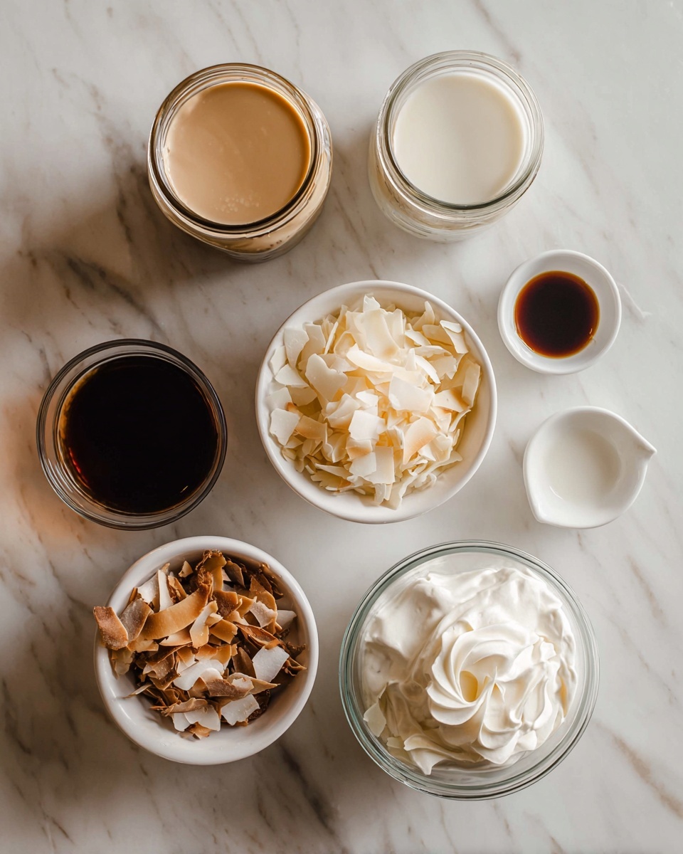 Hot Almond Joy Coffee Recipe 4 A single clear glass jar filled with dark black coffee, nearly to the top, with tiny bubbles floating on the surface. Steam rises softly from the hot liquid, and the jar sits on a white marbled surface with light brown and gold veins. The background is blurred with warm, dark brown tones, giving a cozy feel. Photo taken with an iphone --ar 4:5 --v 7