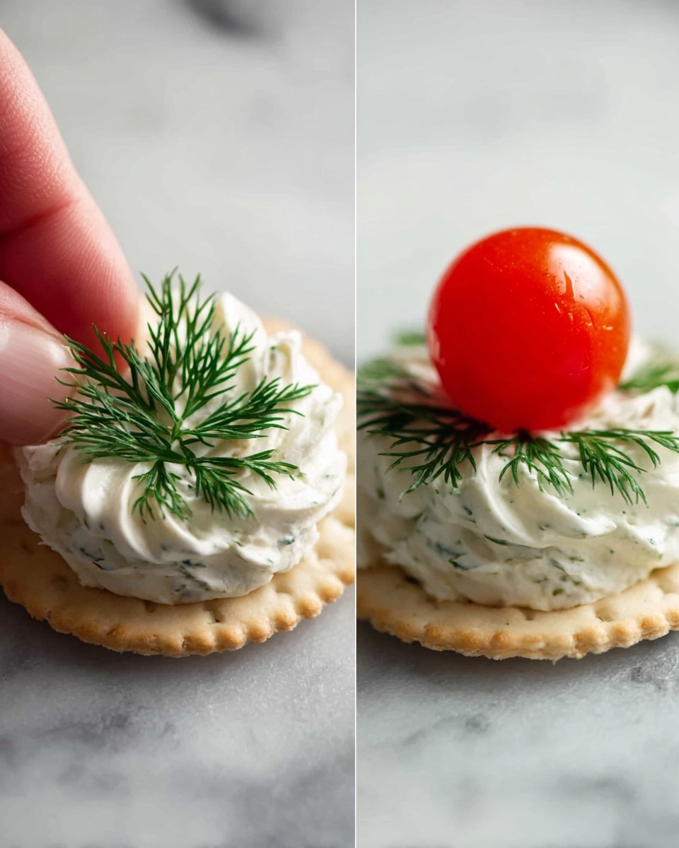 The image shows a close-up of a small round cracker on a white marbled surface. The cracker has a layer of white creamy spread, swirled with texture, topped with green dill leaves arranged in a star shape. In the left part of the image, a woman's hand is placing the dill leaves on the cracker. In the right part, a bright red cherry tomato sits on top of the dill, completing the small appetizer. Photo taken with an iphone --ar 4:5 --v 7