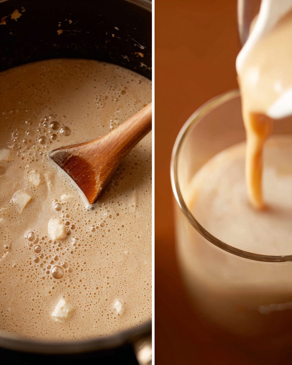 Chai Spiced Eggnog Panna Cotta Recipe 4 The left side shows a close-up of a dark cooking pot filled with a creamy, light brown mixture that has small bubbles on the surface and a slightly thick texture. A wooden spoon held by a woman's hand is stirring the mixture, with some bits of white solid visible. The right side shows a close-up of a creamy light brown liquid being poured from a white pitcher into a clear glass with a smooth, frothy surface, set against a blurry warm brown background. Photo taken with an iphone --ar 4:5 --v 7