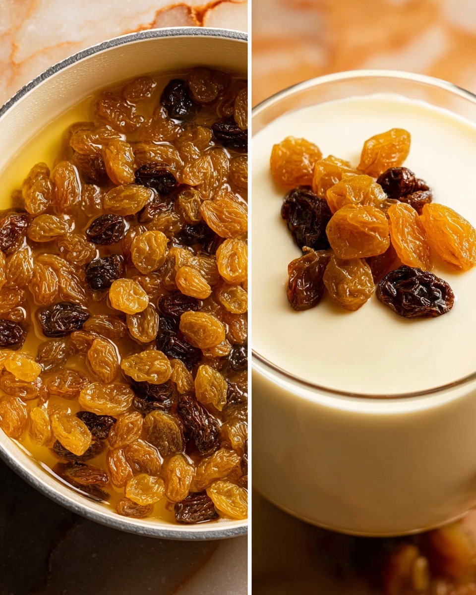 Chai Spiced Eggnog Panna Cotta Recipe 5 There are six clear glass dessert cups filled with two layers. The bottom layer is a smooth, creamy pale yellow pudding that fills most of the cup. The top layer is a mix of dark brown and golden raisins spread evenly, covering the pudding's surface. The cups have a wide bowl shape with short stems and are arranged closely together on a dark, carved wooden tray. The background is blurred with warm, soft lights. Photo taken with an iphone --ar 4:5 --v 7