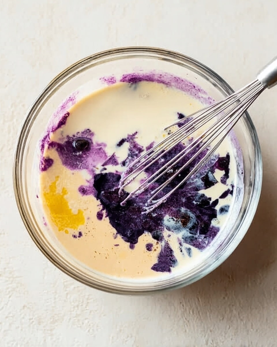 A clear glass bowl sits on a white marbled surface, filled with layers of ingredients for baking. The base layer is a light beige batter that nearly fills the bowl. Floating on top, there are patches of dark purple and deep blue thick fruit mixture distributed unevenly. A creamy white liquid is poured around and partially blending with the batter and fruit. A metal whisk is placed inside the bowl, touching the ingredients and mixing them together. The edges of the bowl show some splashes of batter. photo taken with an iphone --ar 4:5 --v 7